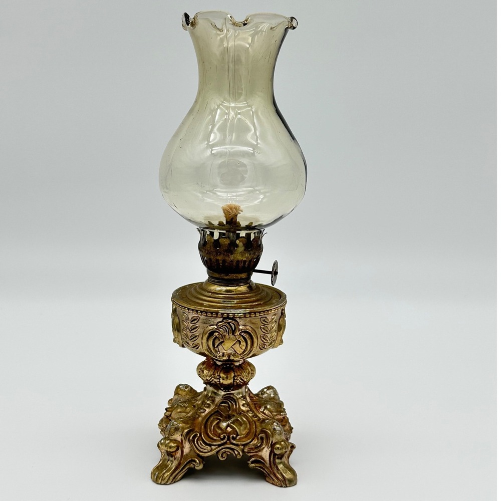 Vintage Miniature Ornate Brass Kerosene Oil Lamp 9.5" Gold Smoked Ruffled Glass